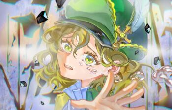 1girl absurdres brown_hair commentary_request crying crying_with_eyes_open furrowed_brow green_eyes green_hat hat hat_feather highres korean_commentary newsboy_cap open_mouth outstretched_hand portrait recoleta_(reverse:1999) reverse:1999 shards short_hair solo syun_(ashenaurora) tears teeth upper_teeth_only water_drop