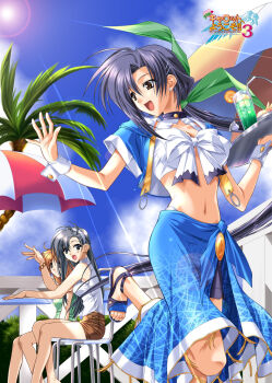 3girls beach_umbrella blue_eyes blue_hair blue_sarong brown_eyes chair copyright_name day drink earrings front-tie_top hair_ribbon jewelry kinoshita_takako lens_flare long_hair midriff multiple_girls navel official_art open_mouth outdoors palm_tree parasol pia_carrot_(series) pia_carrot_e_youkoso!! ponytail print_sarong purple_hair ribbon sandals sarong shorts sitting sky smile sun suzuhira_hiro table tray tree tropical_drink tropical_uniform umbrella very_long_hair waitress wrist_cuffs