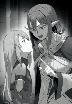 2girls aged_down aiz_wallenstein astraea_record bare_shoulders breasts cape closed_mouth detached_sleeves dress dungeon_ni_deai_wo_motomeru_no_wa_machigatteiru_darou_ka elf greyscale hair_between_eyes highres kakage long_hair looking_at_another looking_down looking_up medium_breasts monochrome multiple_girls novel_illustration official_art open_mouth pointing pointing_at_another pointy_ears riveria_ljos_alf scolding sidelocks teardrop third-party_source wide_sleeves