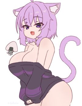 1girl ahoge animal_ear_fluff animal_ears artist_name bare_shoulders black_shirt breasts cat_ears cat_girl cat_tail clothes_pull collarbone commentary_request cowboy_shot fang gabai hololive large_breasts looking_at_viewer medium_hair nekomata_okayu no_panties off_shoulder open_mouth purple_eyes purple_hair shirt simple_background skin_fang solo tail virtual_youtuber white_background
