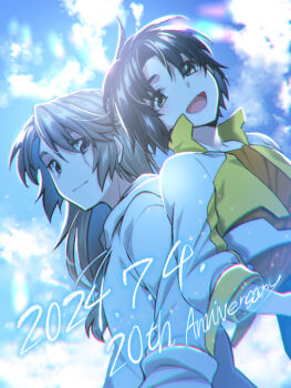 Rule 34 | 2boys, :d, black hair, brown hair, cloud, commentary request, dated, day, dutch angle, hood, hooded jacket, jacket, long hair, looking at viewer, low ponytail, makabe kazuki, male focus, minashiro soushi, multicolored jacket, multiple boys, nagi (exsit00), open mouth, orange shirt, ponytail, scar, scar across eye, scar on face, shirt, short sleeves, sky, smile, soukyuu no fafner, upper body, white jacket