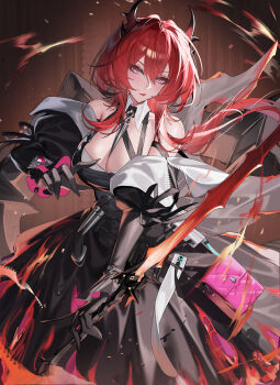 1girl absurdres arknights arknights:_endfield black_dress black_gloves black_horns breasts cleavage commentary_request double-parted_bangs dress gloves hair_between_eyes hair_intakes highres holding holding_sword holding_weapon horns laevatain_(arknights) large_breasts long_hair long_sleeves looking_at_viewer parted_lips purple_eyes red_hair rib_(rib_delesetong) solo surtr_(arknights) sword weapon