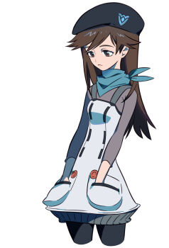 1girl black_hat blue_scarf bodysuit brown_eyes brown_hair evangelion:_3.0+1.0_thrice_upon_a_time expressionless grey_bodysuit hands_in_pockets hat highres long_hair mecha_pilot_suit neon_genesis_evangelion plugsuit_(evangelion) rebuild_of_evangelion scarf simple_background solo suzuhara_sakura take_(takegarou) white_background