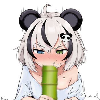 1girl ahoge animal_ears bamboo black_hair blue_eyes censored collarbone commentary english_commentary fellatio green_eyes hair_ornament heterochromia highres indie_virtual_youtuber mikoscrub mosaic_censoring motion_lines multicolored_hair off-shoulder_shirt off_shoulder oral panda_ears panda_girl panda_hair_ornament phallic_symbol shirt short_hair short_sleeves simulated_fellatio solo streaked_hair tinypanda_(vtuber) v-shaped_eyebrows white_shirt