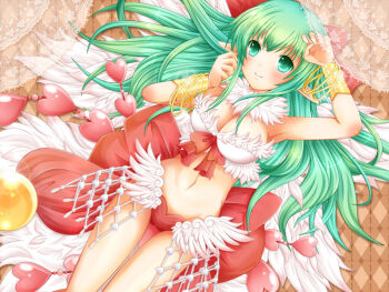 Rule 34 | 1girl, akiiyuuri, argyle background, arm up, armpits, back bow, bangle, bikini, blush, bow, bracelet, bracer, breasts, brown hat, cleavage, closed mouth, commentary request, cowboy shot, feather trim, feathered wings, green eyes, green hair, hair spread out, hat, heart, jewelry, large bow, large breasts, long hair, looking afar, mismatched bikini, pointy ears, ragnarok online, red bikini, red bow, smile, solo, swimsuit, wanderer (ragnarok online), white bikini, white wings, wings