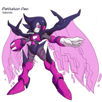 1boy 2000s_(style) androgynous android arm_cannon black_hair boots character_name copyright_name energy_wings fingernails full_body gloves grin hair_over_one_eye heart high_heel_boots high_heels highres karakatodzo knee_boots long_fingernails looking_at_viewer male_focus mechanical_arms mega_man_(series) mega_man_zero_(series) mettaton nakayama_tooru_(style) outstretched_arms parody pink_boots purple_eyes purple_wings robot_ears sharp_fingernails short_hair smile solo spread_arms standing style_parody undertale utdr_(toby_fox) v-shaped_eyebrows weapon white_gloves wings