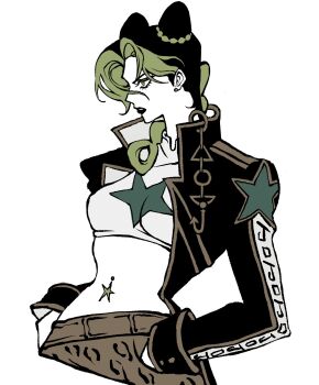 1girl alternate_costume black_coat black_hair black_lips braid brown_pants chain clamchowder55 coat cone_hair_bun cosplay crop_top double_bun green_eyes green_hair hair_bun hands_in_pockets high_collar highres hook jewelry jojo_no_kimyou_na_bouken kujo_jotaro_(cosplay) kuujou_jolyne kuujou_joutarou long_coat makeup midriff multicolored_hair navel_piercing pants piercing profile shirt simple_background solo star_(symbol) star_piercing star_print stone_ocean two-tone_hair white_background white_shirt