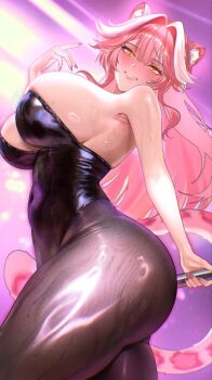 Rule 34 | 1girl, animal ears, black leotard, breasts, cleavage, clothing cutout, commentary request, cosplay, covered navel, highres, hololive, hololive english, large breasts, leotard, light smile, long hair, looking at viewer, lying, naughty face, navel cutout, open mouth, panther ears, panther girl, panther tail, pantyhose, pink hair, playboy bunny, raora, raora panthera, smile, solo, strapless, sweat, sweatdrop, swimsuit, tail, thigh strap, very long hair, virtual youtuber, wet, wet clothes, wet swimsuit, white streaks, yellow eyes