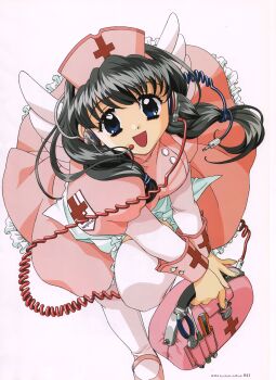 1girl :d absurdres angel apron artist_name black_hair blue_eyes buttons cable cross dress emblem fake_wings first_aid_kit frilled_apron frilled_dress frills hat headphones headset highres juliet_sleeves kadoi_aya long_hair long_sleeves looking_at_viewer mary_janes nurse nurse_cap open_mouth original page_number pink_dress pink_hat pink_shoes pink_thighhighs puffy_sleeves red_cross scan shoes simple_background smile solo thighhighs tool_kit tools white_apron white_background wings