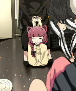 5girls absurdres alcohol_carton animal_ears bag between_legs black_dress black_shirt black_shoes bocchi_the_rock! braid cat_ears cat_girl closed_eyes commentary_request dress drink_carton fang gotoh_hitori goumonsha grey_dress highres hiroi_kikuri ijichi_seika in_bag in_container long_dress long_hair long_sleeves multiple_girls no_socks open_mouth pa-san pants pink_pants purple_hair shirt shoes single_braid sleeping sleeves_past_wrists solo_focus striped_clothes striped_pants train_interior vertical-striped_clothes vertical-striped_pants yellow_bag