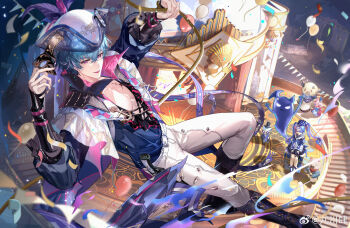 1boy 1girl absurdres balloon black_boots blue_hair blue_shirt boots brant_(wuthering_waves) chinese_commentary commentary_request confetti eye_mask hair_between_eyes hat hat_feather highres holding holding_mask jiuchuansi knee_boots looking_at_viewer male_focus mask open_clothes open_mouth open_shirt pants pero_(wuthering_waves) purple_eyes roccia_(wuthering_waves) shirt shirt_tucked_in short_hair smile solo_focus stage tacet_discord_(wuthering_waves) tacet_mark_(wuthering_waves) toned toned_male tricorne unworn_mask white_pants wuthering_waves