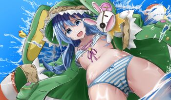1girl 1other absurdres animal_ears animal_hood ball beachball bikini blue_eyes blue_hair coat d_kayst date_a_live eyepatch fake_animal_ears hand_puppet highres himekawa_yoshino himekawa_yoshino_(spirit) hood long_hair long_sleeves navel open_mouth puppet rabbit_ears rubber_duck solo striped_bikini striped_clothes swimsuit teeth upper_teeth_only water wide_sleeves yoshinon