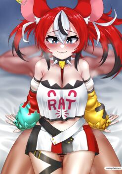 1boy 1girl animal_ear_fluff animal_ears asymmetrical_hair bar_censor bare_shoulders blue_eyes blush breasts censored clothed_female_nude_male collar crop_top crop_top_overhang detached_sleeves girl_on_top hakos_baelz hakos_baelz_(1st_costume) hetero hololive hololive_english large_breasts miniskirt mouse_ears mouse_girl multicolored_hair navel nude oodnap penis precum raised_eyebrows red_hair sitting sitting_on_person skirt solo_focus spiked_collar spikes stomach streaked_hair thigh_sex thigh_strap thighs twintails virtual_youtuber