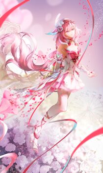 1girl absurdres bare_shoulders breasts chinese_commentary closed_mouth collarbone commentary_request dress elysia_(hi_love_elf)_(honkai_impact) elysia_(honkai_impact) ferris_wheel hair_ornament hat heart heart_hair_ornament high_heels highres honkai_(series) honkai_impact_3rd long_hair medium_breasts pink_hair pink_petals pink_shoes purple_eyes shoes smile solo thighhighs very_long_hair white_dress white_hat white_thighhighs xing_feng_singfor