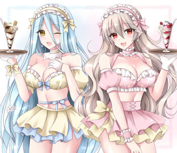 Rule 34 | 2girls, :d, ;d, alternate costume, azura (fire emblem), bare shoulders, blue hair, blue skirt, blush, bow, breasts, choker, cleavage, collar, commentary request, crop top, detached collar, female corrin (fire emblem), fire emblem, fire emblem fates, food, frilled wristband, frills, fruit, gloves, grey hair, hair between eyes, hair bow, hair ornament, hand on own chest, headdress, holding, holding tray, kirishima riona, large breasts, long hair, looking at viewer, midriff, milkshake, multiple girls, navel, nintendo, one eye closed, open mouth, parfait, pink skirt, pointy ears, red eyes, skirt, smile, strawberry, thighs, tray, very long hair, waitress, white gloves, wristband, yellow eyes, yellow skirt