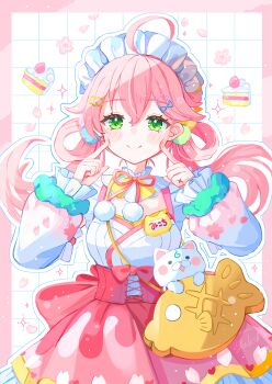 1girl ahoge blush_stickers border cake cake_slice cat closed_mouth commentary_request cowboy_shot dot_nose fingers_to_cheeks food frilled_skirt frilled_sleeves frills green_eyes grid_background hair_between_eyes hands_up highres hololive long_hair long_sleeves looking_at_viewer maid_headdress neck_ribbon outside_border pink_border pink_hair pink_ribbon pink_skirt ribbon sakura_miko shirt skirt smile solo virtual_youtuber white_background white_shirt yutukicom