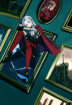 Rule 34 | 1girl, cape, edelgard von hresvelg, fire emblem, fire emblem: three houses, garreg mach monastery uniform, hair ribbon, highres, long hair, looking at viewer, nintendo, pantyhose, picture frame, ponzuponta39, purple eyes, purple ribbon, red cape, red pantyhose, ribbon, solo, white hair