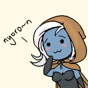 Rule 34 | 1girl, :3, artist request, baldur's gate, blue skin, blush, breasts, chibi, colored skin, dark elf, elf, female focus, flat color, gloves, hood, lowres, medium breasts, nyoro~n, parody, pointy ears, simple background, solid circle eyes, solo, viconia devir, white background, white hair