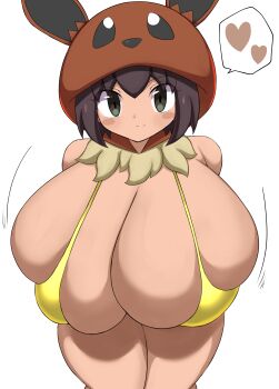 1girl absurdres breasts cosplay eevee eevee_(cosplay) eevee_ears gen_1_pokemon highres huge_breasts jaga334 nintendo oppai_loli poke_kid_(pokemon) pokemon pokemon_swsh simple_background solo white_background