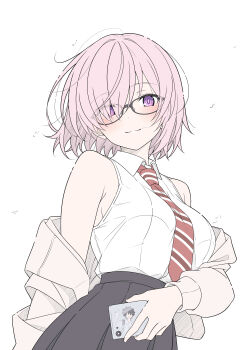 1boy 1girl absurdres black_skirt blush cellphone commentary fate/grand_order fate_(series) fujimaru_ritsuka_(male) glasses grey_jacket highres holding holding_phone jacket looking_at_viewer mash_kyrielight phone pink_hair purple_eyes shirt simple_background skirt sleeveless sleeveless_shirt smartphone smile solo_focus symbol-only_commentary t1kosewad white_background white_shirt