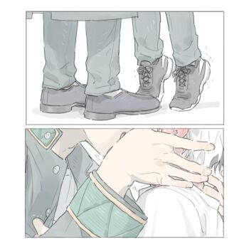 Rule 34 | 2boys, black hair, black shoes, blush, border, buttons, commentary, ear blush, french kiss, furin high school uniform, hand on another's face, height difference, jacket, kiss, male focus, multicolored hair, multiple boys, open clothes, open jacket, sakura haruka (wind breaker), school uniform, sekaitokimi, shoes, split-color hair, tiptoes, two-tone hair, umemiya hajime, unbuttoned, white border, white hair, white shoes, wind breaker (nii satoru), yaoi