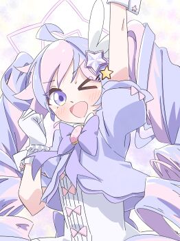 >_o 1girl ;d absurdres ahoge arm_up blue_archive blush bow bowtie clenched_hand commentary_request cropped_jacket drill_hair gloves hair_ornament halo hand_up happy highres jacket long_hair looking_at_viewer magical_girl multicolored_hair official_alternate_costume official_alternate_hairstyle one_eye_closed open_mouth pink_bow pink_hair pink_halo puffy_short_sleeves puffy_sleeves purple_background purple_bow purple_bowtie purple_eyes purple_hair purple_jacket reiremi reisa_(blue_archive) reisa_(magical)_(blue_archive) shirt short_sleeves smile solo star_(symbol) star_hair_ornament star_halo twin_drills twintails two-tone_hair upper_body v-shaped_eyebrows white_background white_gloves white_shirt white_wrist_cuffs wing_hair_ornament wrist_cuffs