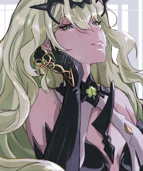 1girl bare_shoulders black_gloves blue_eyes commentary_request gloves green_hair grin h3_hk hand_up highres honkai_(series) honkai_impact_3rd long_hair looking_at_viewer mobius_(honkai_impact) smile solo upper_body very_long_hair