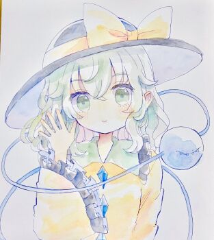 1girl black_hat bow buttons closed_mouth collared_shirt commentary_request diamond_button frilled_shirt_collar frilled_sleeves frills green_eyes green_hair hair_between_eyes hat hat_ribbon highres hiyuu_(hiyualice) komeiji_koishi long_hair long_sleeves looking_at_viewer ribbon shikishi shirt smile solo third_eye touhou traditional_media upper_body waving wide_sleeves yellow_bow yellow_ribbon yellow_shirt