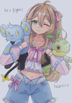 1girl :3 ahoge alternate_costume animal artist_name blue_eyes bow bow_shorts brown_hair collarbone commentary cowboy_shot denim denim_shorts double-parted_bangs english_commentary english_text frilled_shirt frilled_sleeves frills gen_4_pokemon grey_background hair_between_eyes hair_ornament hair_ribbon heart heart_hair_ornament highres holding holding_animal jewelry lace-trimmed_shorts lace_trim long_hair long_sleeves looking_at_viewer navel necklace neuro-sama nintendo one_eye_closed pearl_necklace pink_bow pink_ribbon pink_shirt pokemon pokemon_(creature) pokemon_dppt polka_dot polka_dot_bow polka_dot_shirt puffy_long_sleeves puffy_sleeves ribbon shinx shirt shorts simple_background soulgluttony turtwig two_side_up vedal_ai zipper_pull_tab