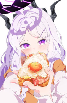 1girl 3kfce absurdres blue_archive blush commentary_request demon_girl demon_horns eating highres hina_(blue_archive) horns long_hair looking_at_viewer purple_eyes simple_background solo upper_body white_background white_hair