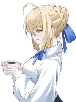 1girl absurdres ahoge artoria_pendragon_(fate) blonde_hair blue_ribbon blue_skirt braid breasts coffee coffee_mug collared_shirt commentary_request cup fate/stay_night fate_(series) green_eyes grin hair_bun hair_ribbon highres long_hair long_sleeves medium_breasts mug neck_ribbon ribbon saber_(fate) shirt sidelocks skirt smile white_shirt yugusan5