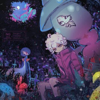 1boy alternate_color bede_(pokemon) blue_sky cloud cross curly_hair flower forest full_moon gardevoir gen_3_pokemon gen_8_pokemon hatterene highres horimhkw11 jacket latin_cross looking_at_viewer male_focus moon nature nintendo pantyhose plant pokemon pokemon_(creature) pokemon_swsh purple_eyes purple_jacket shiny_pokemon sitting sky tree white_hair white_pantyhose