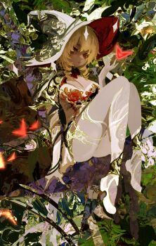 absurdres blonde_hair commentary english_commentary hand_up hat highres kevin_adi looking_at_viewer original plant red_eyes sitting solo thighs wizard_hat