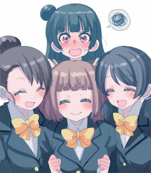 4girls ^_^ black_hair black_jacket blazer blue_hair blunt_bangs blush bob_cut bow bowtie breasts brown_hair character_request closed_eyes closed_mouth commentary cream_(nipakupa) dark_blue_hair full-face_blush hair_bun jacket long_hair love_live! love_live!_sunshine!! love_live!_sunshine!!_the_school_idol_movie_over_the_rainbow medium_breasts medium_hair multiple_girls pink_eyes school_uniform short_hair single_hair_bun single_side_bun smile split_mouth spoken_squiggle squiggle sweatdrop swept_bangs tsushima_yoshiko white_background yellow_bow yellow_bowtie
