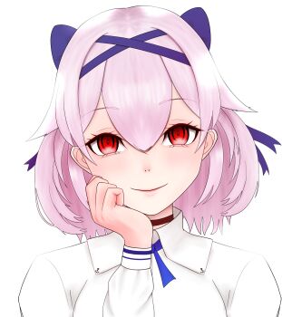 1girl aylwin_(azur_lane) aylwin_(sunday_aquarium_visit)_(azur_lane) azur_lane blue_bow bow choker closed_mouth crazy_eyes crazy_smile hair_bow hand_on_own_cheek hand_on_own_face highres long_sleeves looking_at_viewer official_alternate_costume pink_hair red_eyes shirt short_hair simple_background smile solo staring usausamimi_x white_background white_shirt