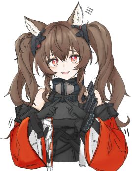 Rule 34 | 1girl, :d, angelina (arknights), animal ear fluff, animal ears, bare shoulders, black dress, black gloves, bracelet, breasts, bright pupils, brown hair, coat, commentary, dot nose, dress, elbow gloves, english commentary, flying sweatdrops, fox ears, fox girl, gilberta (arknights), gloves, hair between eyes, headpiece, highres, index fingers together, infection monitor (arknights), jewelry, long hair, long sleeves, looking at viewer, medium breasts, off shoulder, open clothes, open coat, open mouth, red coat, red eyes, simple background, sleeveless, sleeveless dress, smile, solo, sussurrobestmom, twintails, upper body, white background, white pupils, wide sleeves