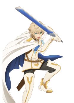 Rule 34 | 1boy, artist request, black pants, blonde hair, boots, cape, full body, game cg, green eyes, holding, holding sword, holding weapon, looking at viewer, official art, open mouth, oscar dragonia, pants, short hair, solo, sword, tales of (series), tales of asteria, tales of berseria, third-party source, transparent background, weapon, white boots, white cape