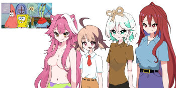 Rule 34 | 4girls, :d, aho8naho, ahoge, belt, black belt, black pants, blue hair, blue shirt, blush stickers, breasts, brown hair, brown pants, brown shirt, cecilia immergreen, colored inner hair, commentary, cosplay, cowboy shot, elizabeth rose bloodflame, english commentary, gigi murin, green eyes, green shorts, highres, holojustice, hololive, hololive english, huge ahoge, large breasts, long hair, mr. krabs, mr. krabs (cosplay), multicolored hair, multiple girls, navel, necktie, open mouth, panther girl, pants, patrick star, patrick star (cosplay), pink eyes, purple pants, raora panthera, red eyes, red hair, red necktie, reference inset, sharp teeth, shirt, short necktie, short sleeves, shorts, smile, spongebob squarepants, spongebob squarepants (cosplay), spongebob squarepants (series), squidward tentacles, squidward tentacles (cosplay), standing, streaked hair, teeth, topless female, twintails, virtual youtuber, white background, white hair, white shirt, winding key, wing collar, yellow eyes