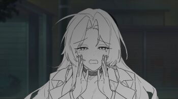 Rule 34 | 1girl, ahoge, chainsaw man, choker, coat, collared shirt, commentary request, crying, hands up, highres, korean commentary, lapels, limbus company, long hair, long sleeves, notched lapels, open mouth, parody, parted bangs, project moon, rw0419, ryoshu (project moon), scene reference, shirt, solo, very long hair