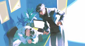 2boys black_hair chair computer computer_keyboard crossed_arms drop_shadow from_above head_down highres kim_dokja leaning_to_the_side looking_at_another multiple_boys nemomosso office_chair omniscient_reader's_viewpoint plant potted_plant short_hair sidelighting sleeping sleeping_on_desk swivel_chair yoo_joonghyuk