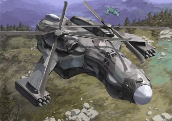 Rule 34 | aircraft, attack helicopter, camouflage, commentary request, flying, grasslands, helicopter, highres, military vehicle, missile pod, mountainous horizon, no humans, original, outdoors, science fiction, tree, tyokugekidato