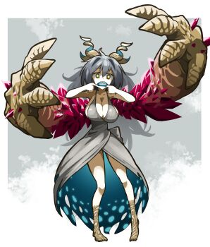 1girl barefoot black_eyes blue_mouth border breasts cleavage crystal dress extra_arms gaismagorm glowing_pupils grey_background grey_dress grey_hair hand_on_own_face highres holes horns jari_(1986) large_breasts long_hair looking_at_viewer making_faces monster_girl monster_hunter_(series) monster_hunter_rise pale_skin personification scales sharp_teeth sideboob solo teeth very_long_hair white_border yellow_pupils