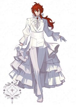 1boy :| alternate_costume antenna_hair bow bowtie brooch center_frills closed_mouth commentary_request crossed_legs diluc_(genshin_impact) expressionless frilled_skirt frills full_body gem genshin_impact gloves hair_between_eyes hair_bow half_gloves high-waist_pants high_heels hiki_yuichi jacket jacket_tucked_in jewelry lapels long_hair long_skirt long_sleeves looking_at_viewer low_ponytail male_focus mandarin_collar notched_lapels pants pants_under_skirt pleated_sleeves ponytail red_eyes red_gem red_hair shirt shoes showgirl_skirt simple_background skirt skirt_hold solo standing straight-on v-shaped_eyebrows watson_cross white_background white_bow white_bowtie white_gloves white_jacket white_pants white_shirt white_shoes white_skirt