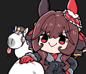 Rule 34 | 1girl, animal ears, animalization, black coat, blunt bangs, bow, braid, braided hair rings, breasts, brown hair, brown hat, closed mouth, coat, commentary request, ear bow, ear covers, ear ornament, gentildonna (umamusume), gloves, gold ship (racehorse), gold ship (umamusume), grey hair, hair between eyes, hair ornament, hair rings, hat, heart-shaped ornament, heart ear ornament, horse ears, horse girl, long hair, long sleeves, mismatched ear covers, pillbox hat, purple bow, recursive animalization, red eyes, red gloves, red sweater, simple background, smile, sweater, takatsuki nato, tongue, tongue out, umamusume