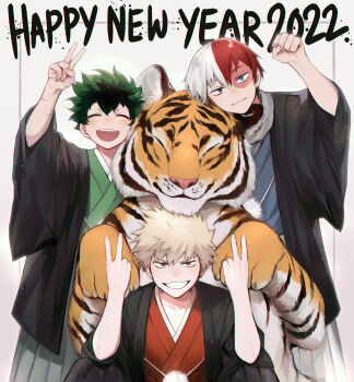 Rule 34 | 2022, 3boys, ^ ^, animal, arm up, bakugou katsuki, black hakama, black haori, blonde hair, blue eyes, blue kimono, blush, boku no hero academia, burn scar, chinese zodiac, clenched hand, closed eyes, closed mouth, collarbone, commentary, cowboy shot, double inward v, elbows on knees, freckles, green hair, green kimono, grey eyes, grey hakama, grey scarf, grin, hair between eyes, hakama, han'eri, hands up, haori, haori himo, happy, happy new year, head rest, head tilt, heterochromia, highres, inward v, japanese clothes, kimono, knees up, leaning to the side, looking at viewer, male focus, meltnotmelt, midoriya izuku, multicolored hair, multiple boys, multiple scars, new year, official alternate costume, open mouth, orange kimono, paneled background, red eyes, red hair, round teeth, sanpaku, scar, scar on arm, scar on face, scar on hand, scarf, short hair, three-quarter sleeves, smile, spiked hair, split-color hair, straight hair, teeth, text background, text focus, tiger, todoroki shoto, tsurime, two-tone hair, upper teeth only, v, v-shaped eyebrows, whiskers, white background, white hair, wide sleeves, year of the tiger
