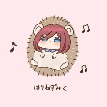 Rule 34 | 1girl, :3, akino ell, animalization, beamed eighth notes, blue eyes, blush, brown hair, chibi, closed mouth, commentary request, eighth note, go-toubun no hanayome, hair over one eye, headphones, headphones around neck, hedgehog, musical note, nakano miku, pink background, simple background, solo, translation request