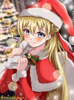 1girl agnes_claudel artist_name blonde_hair blue_eyes blush braid braided_bun bun_with_braided_base christmas_tree commentary_request dress eiyuu_densetsu hair_bun hat highres kai_no_kiseki kuro_no_kiseki_(series) kuro_no_kiseki_i long_hair merry_christmas red_hat santa_costume santa_dress santa_hat single_side_bun