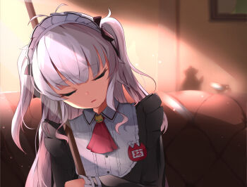 Rule 34 | 1girl, black bow, black dress, bow, closed mouth, couch, dark-skinned female, dark skin, dress, hair bow, highres, hinataa, looking at viewer, maid, maid headdress, matsukai mao, matsukai mao (2nd costume), nijisanji, official alternate costume, on couch, open mouth, sleeping, solo, twintails, virtual youtuber, white headdress