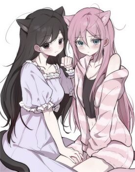 2girls alternate_costume animal_ears aubrey_(faraway)_(omori) aubrey_(omori) black_eyes black_hair blue_eyes blush cat_ears cat_girl cat_tail closed_mouth collarbone commentary crop_top double-parted_bangs hair_between_eyes hand_on_another's_thigh hashtag-only_commentary highres kemonomimi_mode long_hair long_sleeves mari_(faraway)_(omori) mari_(omori) multiple_girls omori pink_hair short_sleeves sidelocks simple_background tail white_background wktdms1