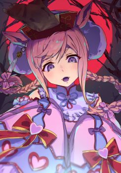 1girl absurdres agnes_digital_(lovely_jiangshi)_(umamusume) agnes_digital_(umamusume) animal_ears blue_eyes blush braid detached_sleeves double_bun dress fangs hair_bun halloween halloween_costume hat highres horse_ears horse_girl jiangshi jiangshi_costume long_hair long_sleeves looking_at_viewer moon official_alternate_costume ofuda open_mouth pink_dress pink_hair pink_sleeves qingdai_guanmao qralto red_moon sleeves_past_fingers sleeves_past_wrists smile solo twin_braids umamusume upper_body